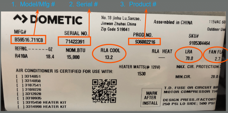 Dometic Air Conditioners — RV repair diagram & parts reference