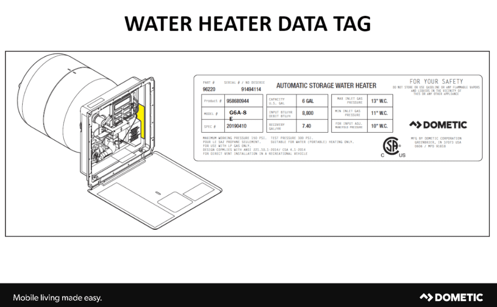 DSI Gas/Electric Tank Water Heaters — RV repair diagram & parts reference